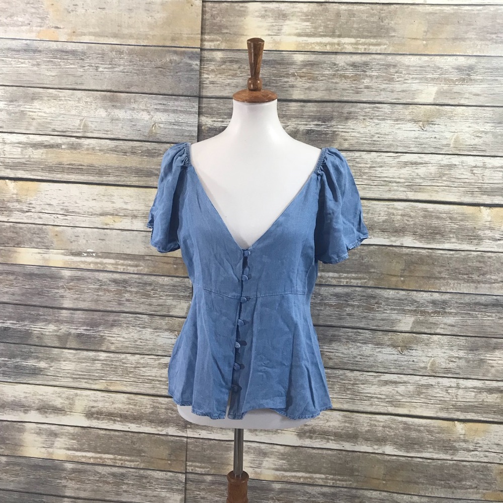 NWT Zara Chambray V Neck Button Down Flowing Top - Picture 6 of 7